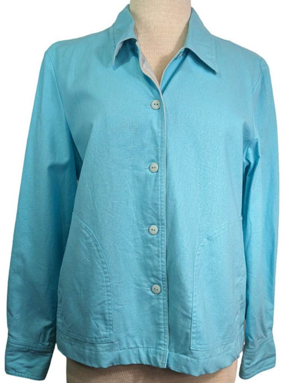 Dialogue Shacket Blazer Womens 12 Aqua Lined Button Up Long Sleeve Front Pockets